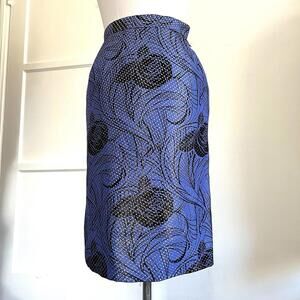 Vintage 70s 80s ILGWU Union Made Blue Floral Pencil Skirt Art Deco Rose Print